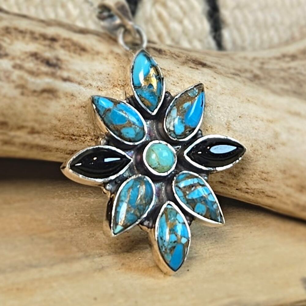925 Silver Southwestern Turquoise Onyx Starburst Flower Necklace 17"